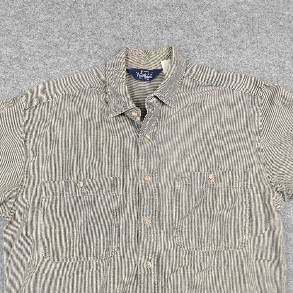 Vintage Woolrich Shirt Mens Large Beige Striped Short Sleeve Button Up Casual - Picture 2 of 7